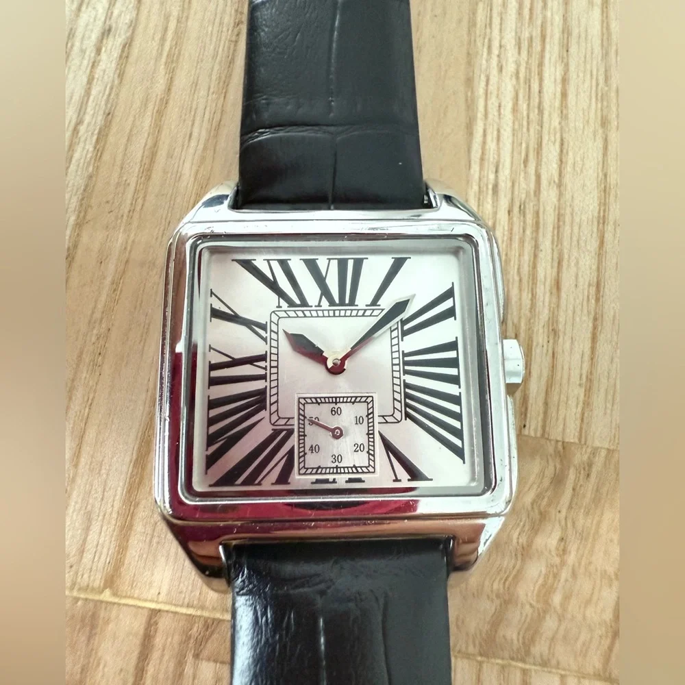Vicence 925 Sterling silver square black leather dress watch NEW BATTERY